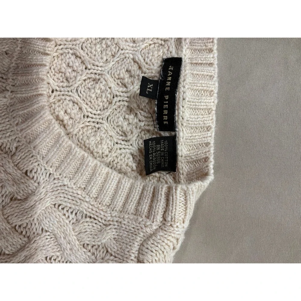 Jeanne‎ Pierre Cream Cotton Cable Knit Crew Neck Sweater Womens XL Curved Hem